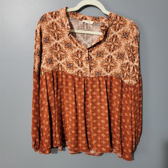 easel Tops - Easel Boho Babydoll Top Size L Orange Long Sleeve Relaxed Fit Womens Country